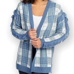 OSO CASUALS Fringed Knit Cardigan Sweater Open Front Women’s Size XL NWT Blue